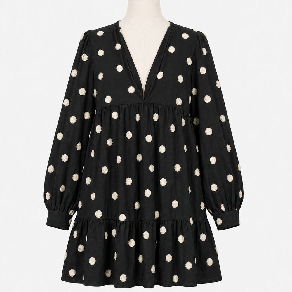 Zara Black White Textured Polka Dot Mini Dress Women’s Small Long Sleeves